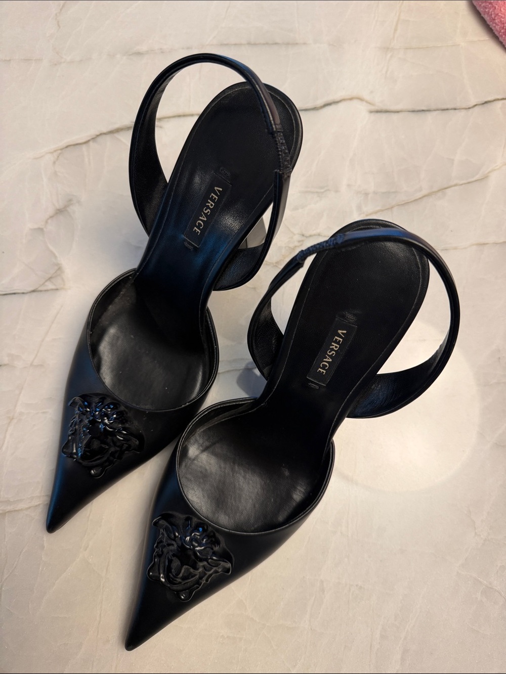 Versace Black Leather Pointed Slingback Heels with Medusa Detail